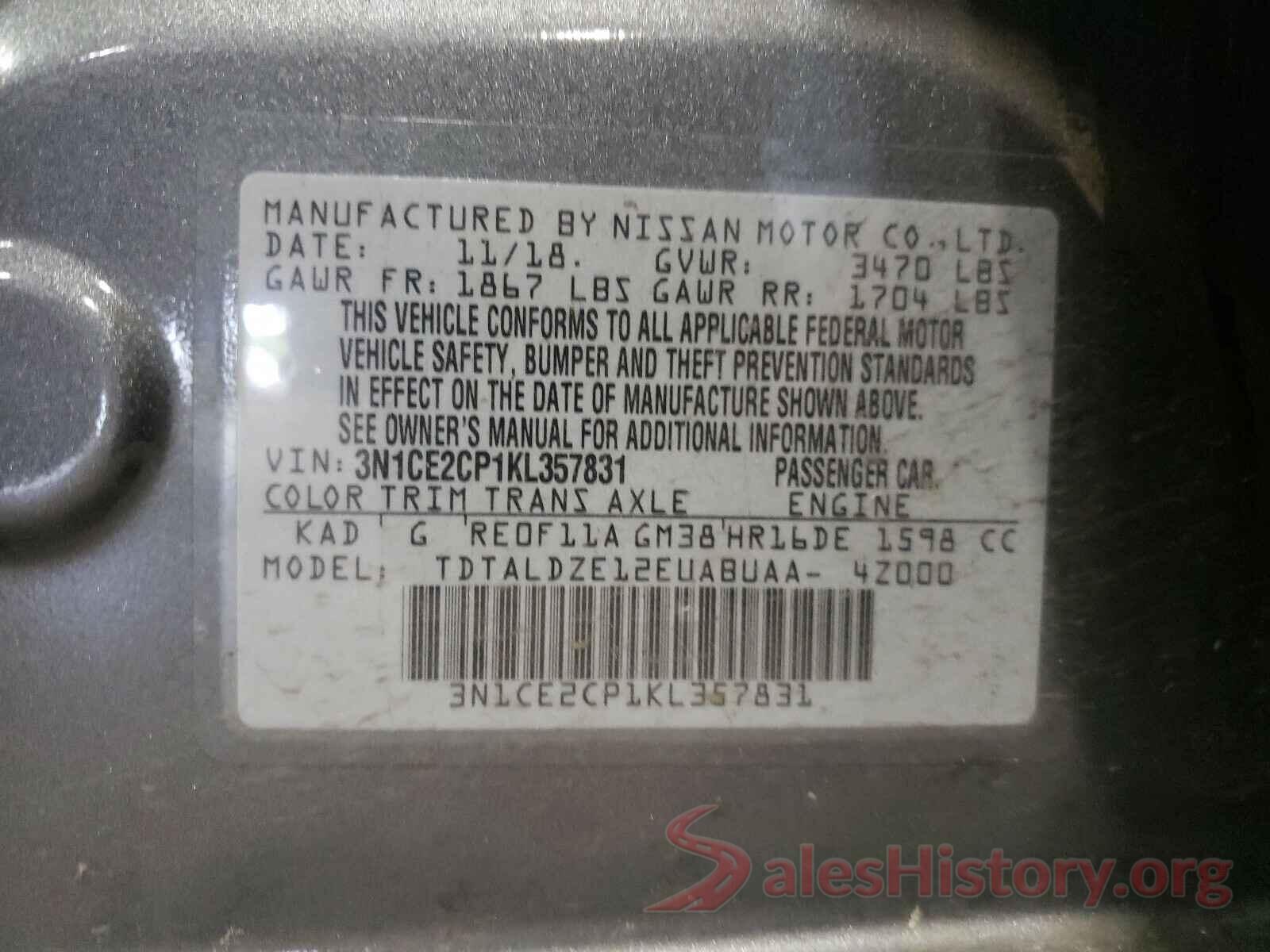 3N1CE2CP1KL357831 2019 NISSAN VERSA