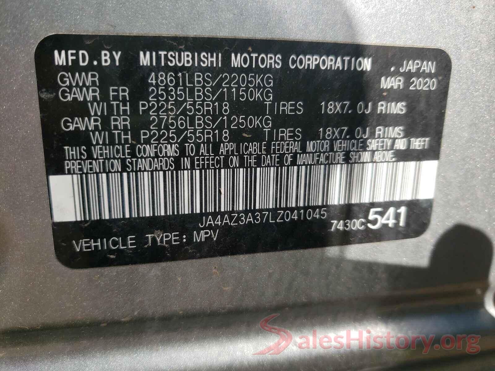 JA4AZ3A37LZ041045 2020 MITSUBISHI OUTLANDER