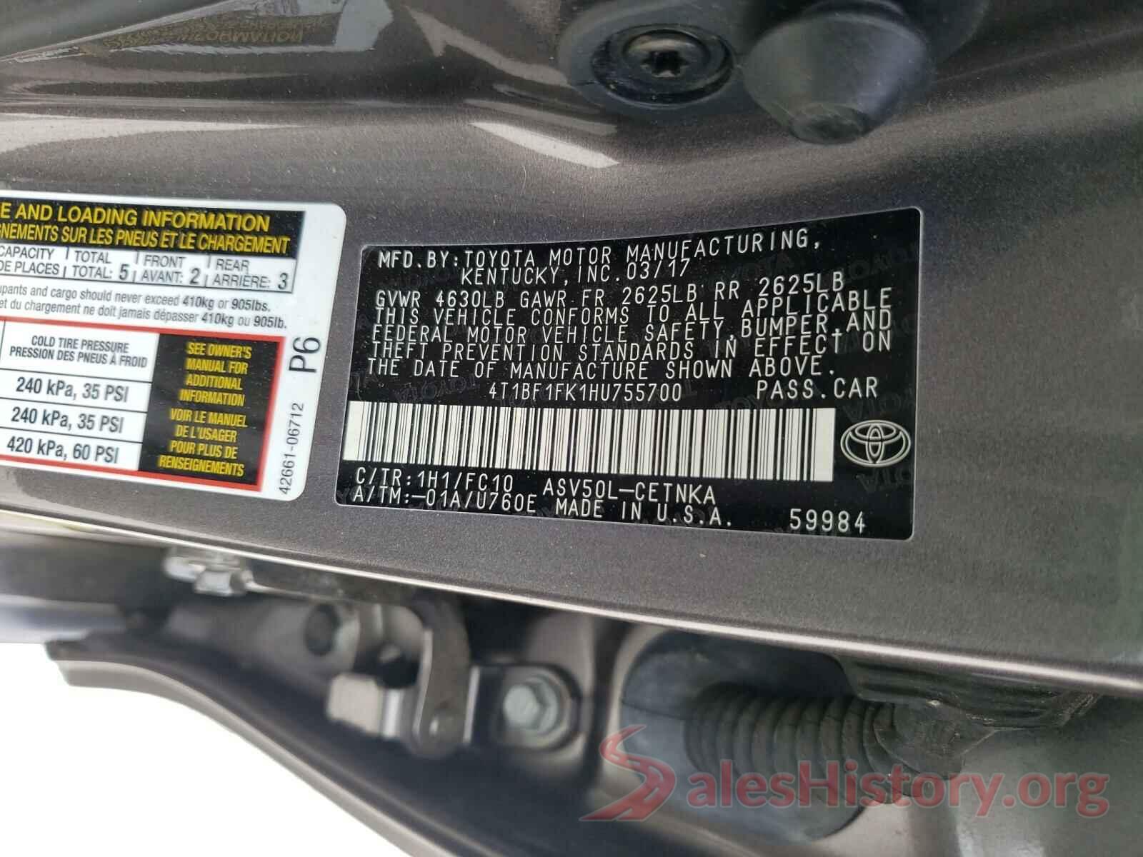 4T1BF1FK1HU755700 2017 TOYOTA CAMRY