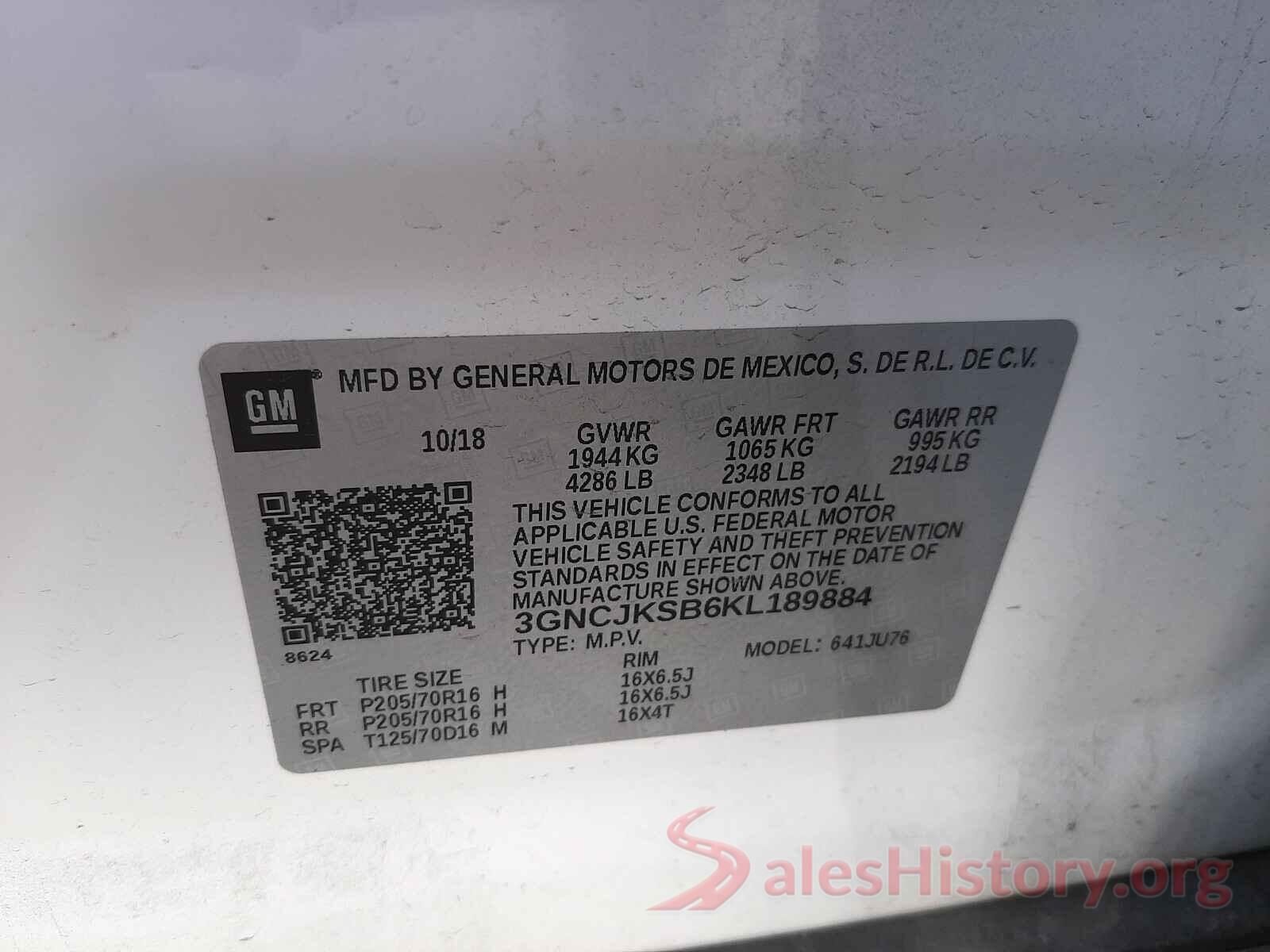 3GNCJKSB6KL189884 2019 CHEVROLET TRAX