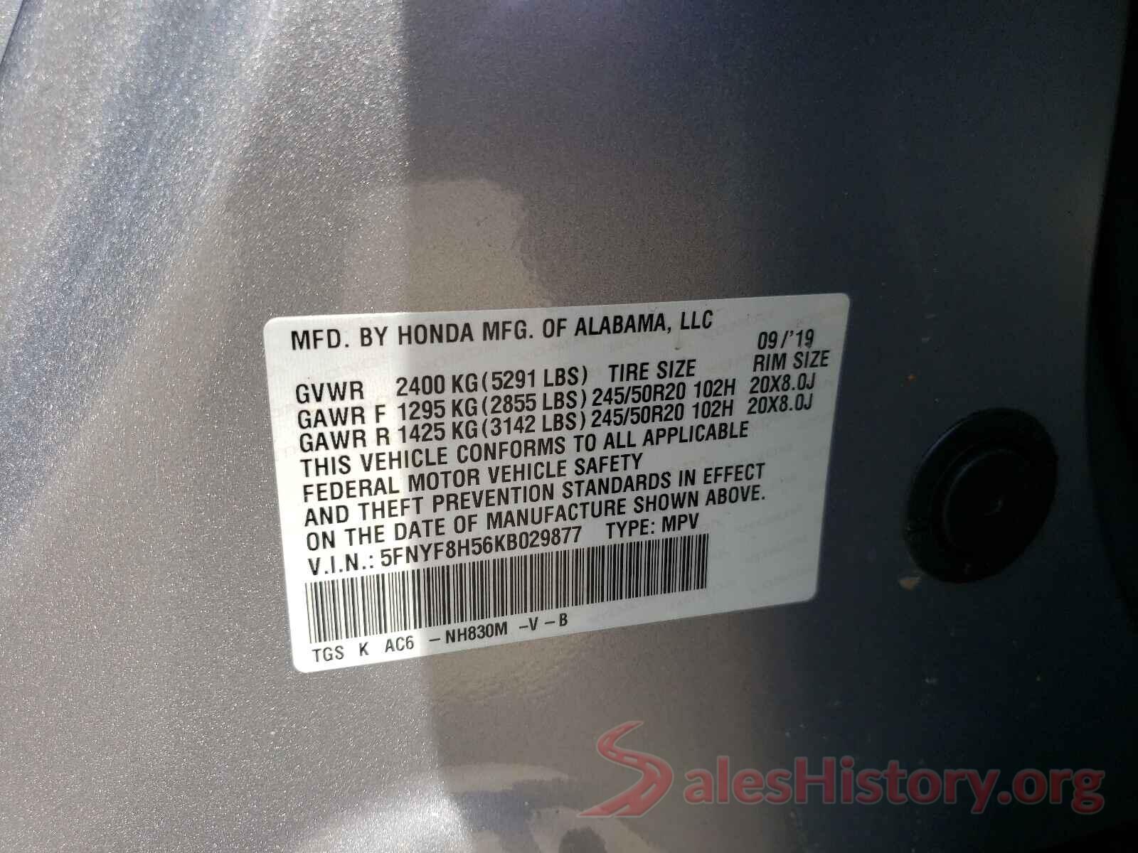 5FNYF8H56KB029877 2019 HONDA PASSPORT