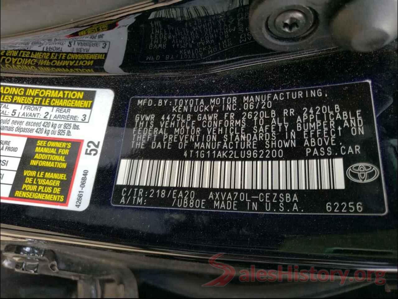 4T1G11AK2LU962200 2020 TOYOTA CAMRY