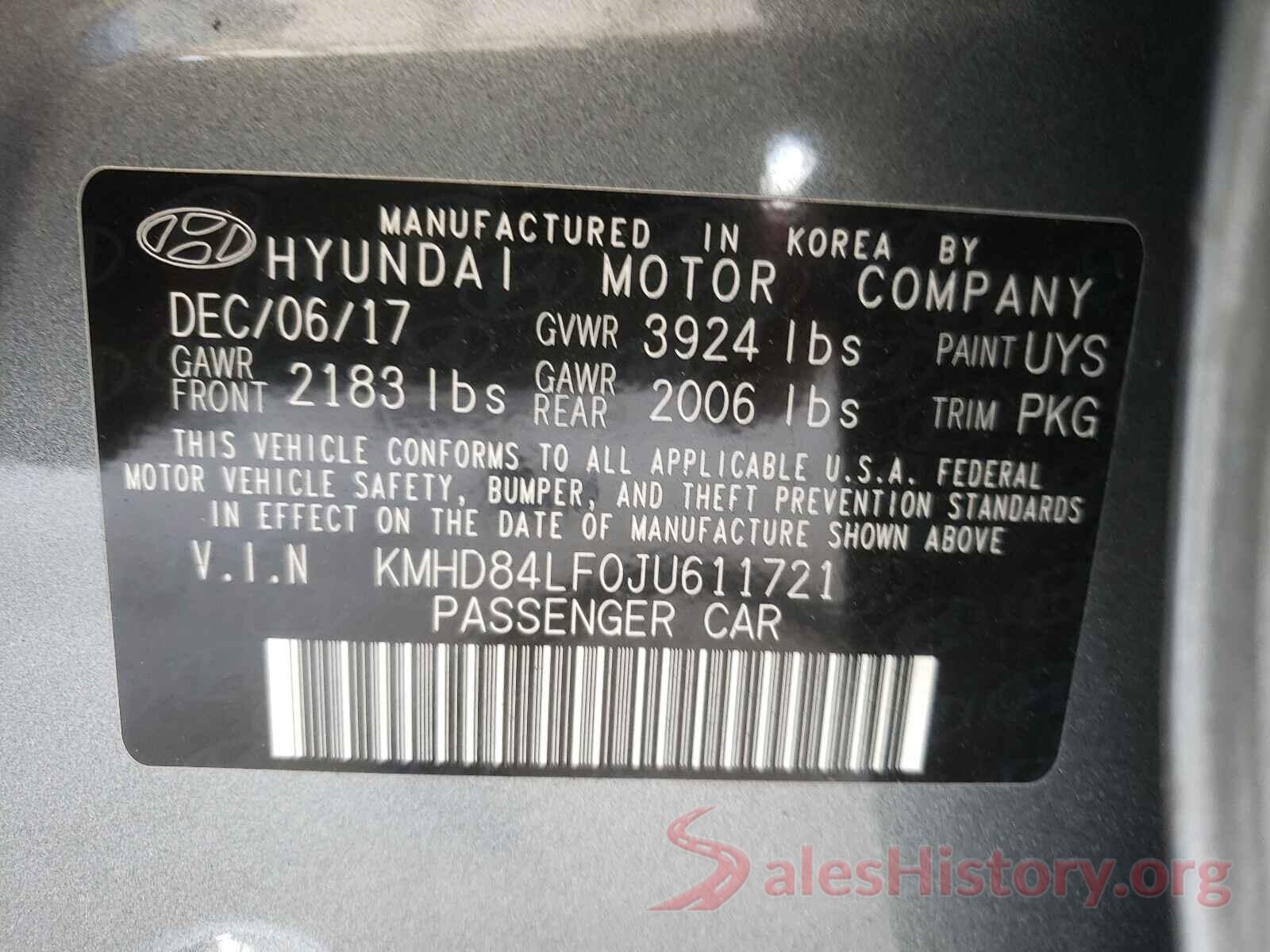 KMHD84LF0JU611721 2018 HYUNDAI ELANTRA