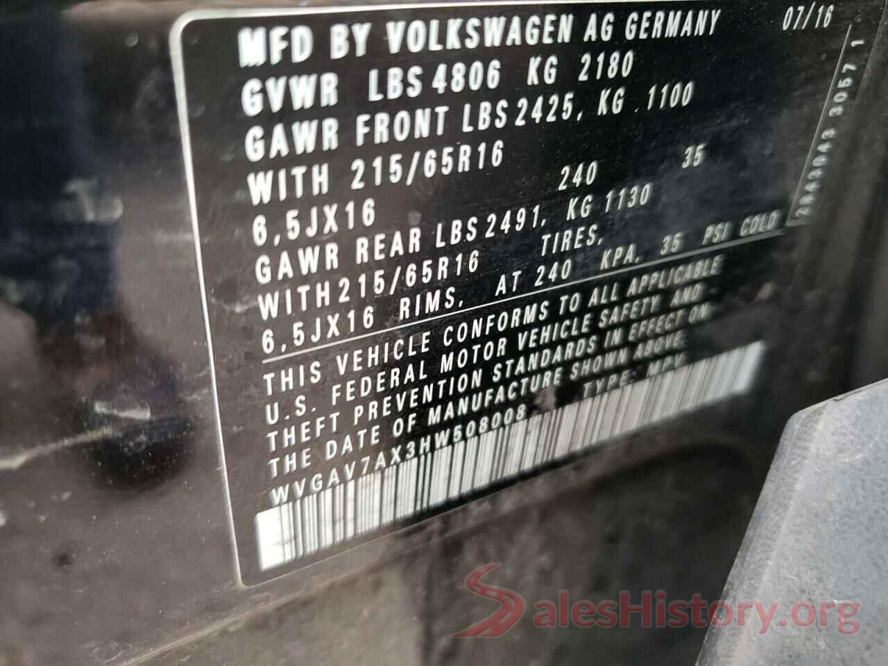 WVGAV7AX3HW508008 2017 VOLKSWAGEN TIGUAN