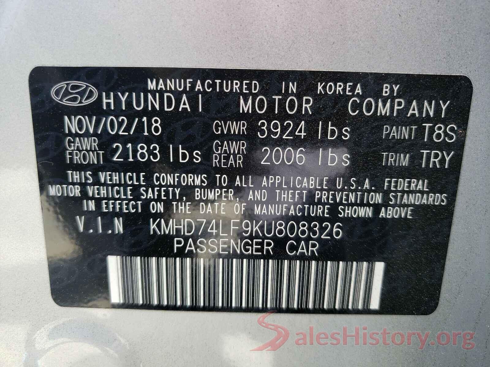 KMHD74LF9KU808326 2019 HYUNDAI ELANTRA