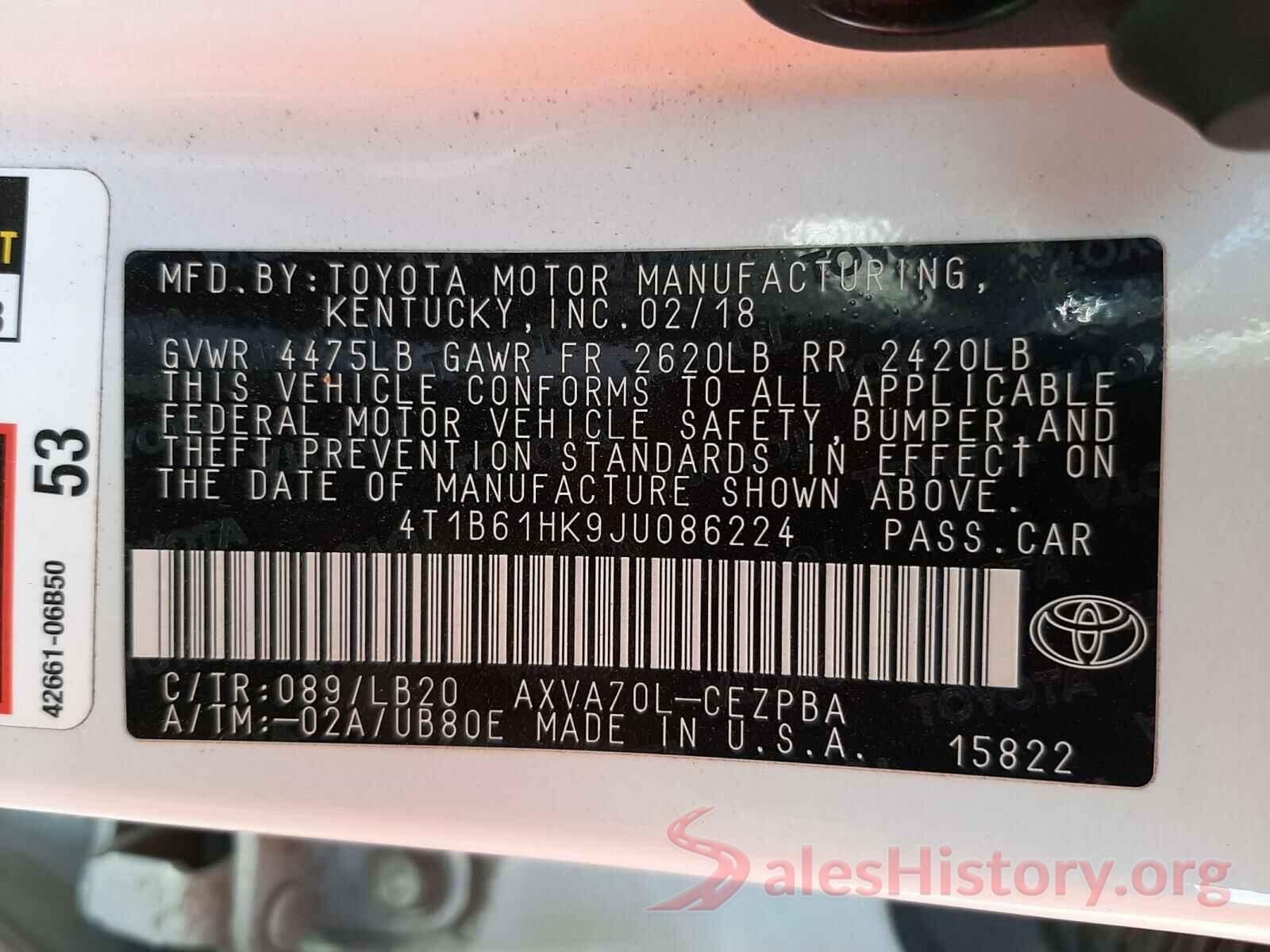 4T1B61HK9JU086224 2018 TOYOTA CAMRY