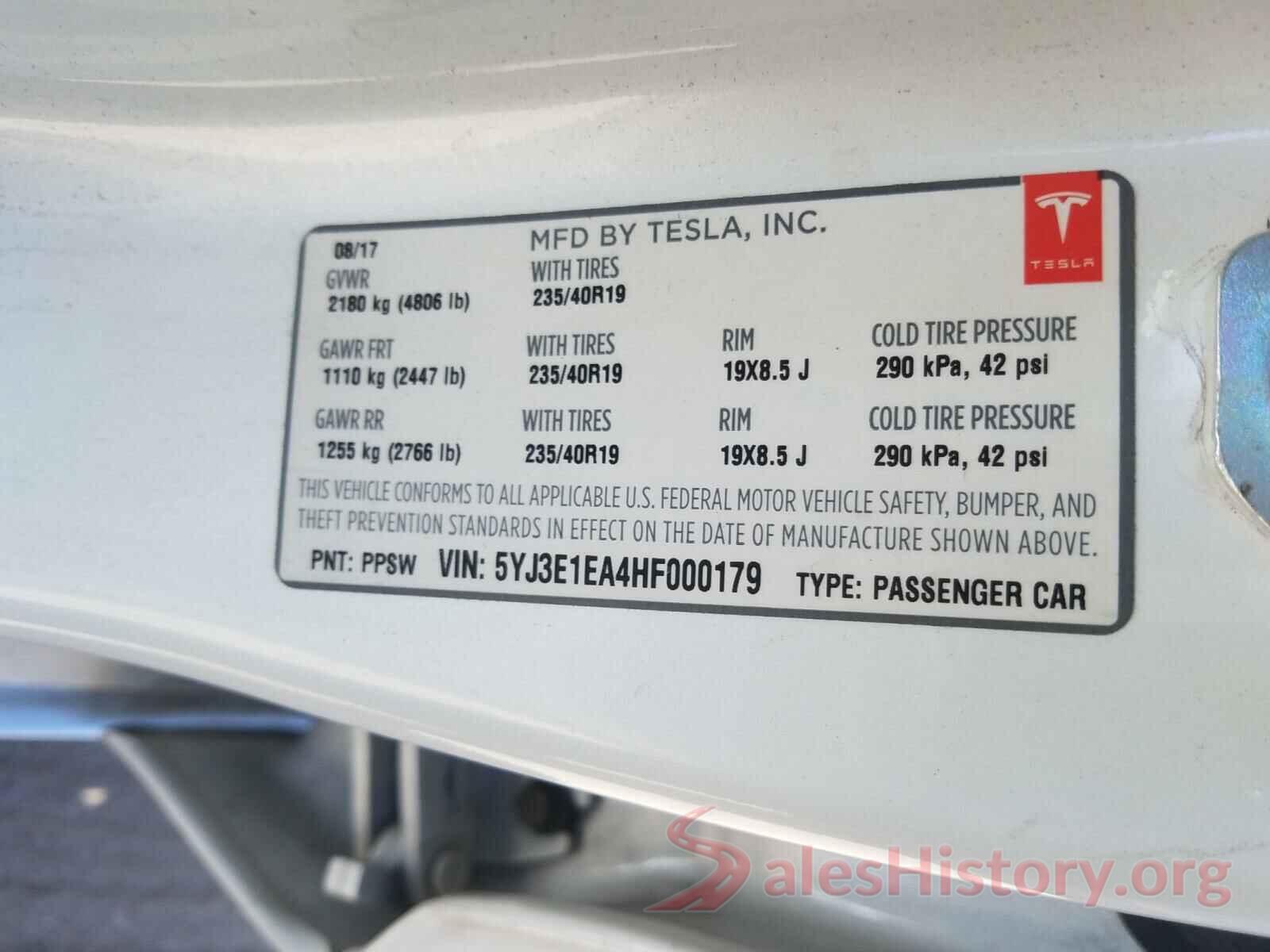 5YJ3E1EA4HF000179 2017 TESLA MODEL 3