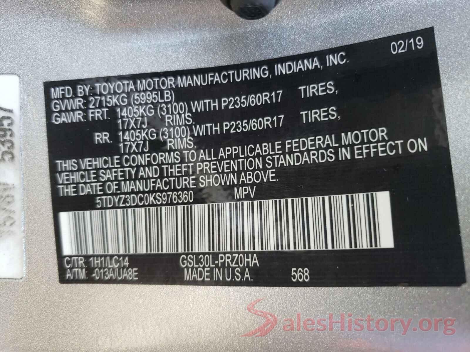 5TDYZ3DC0KS976360 2019 TOYOTA SIENNA