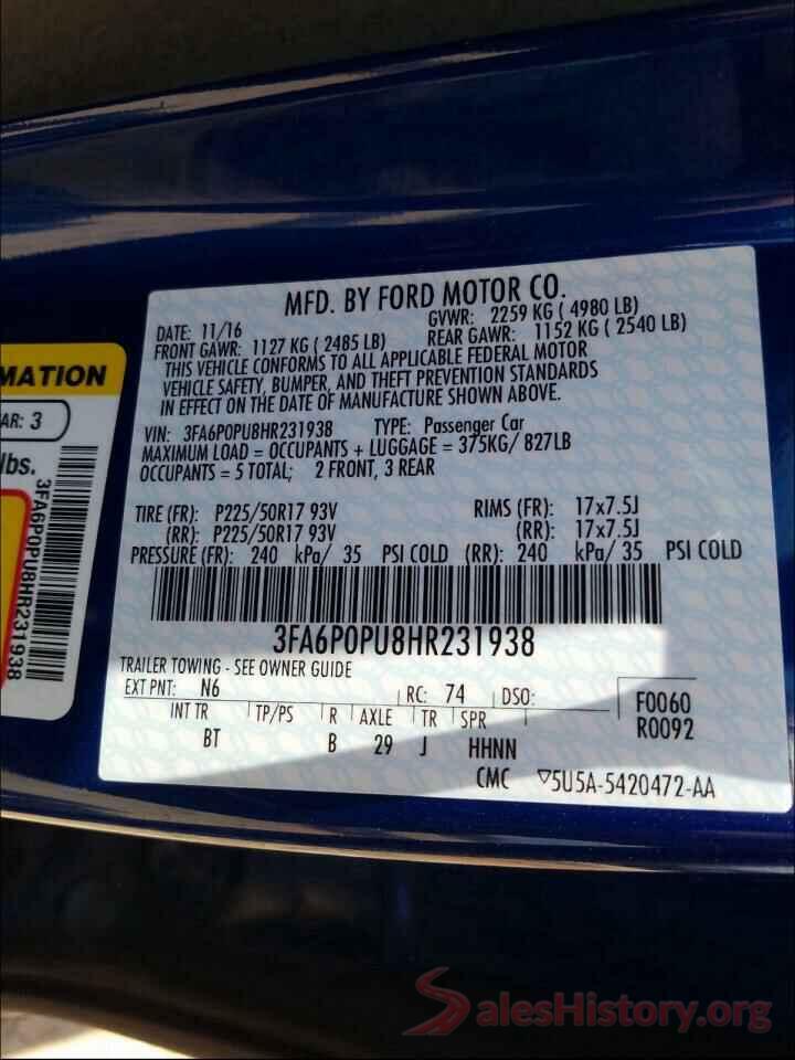 3FA6P0PU8HR231938 2017 FORD FUSION