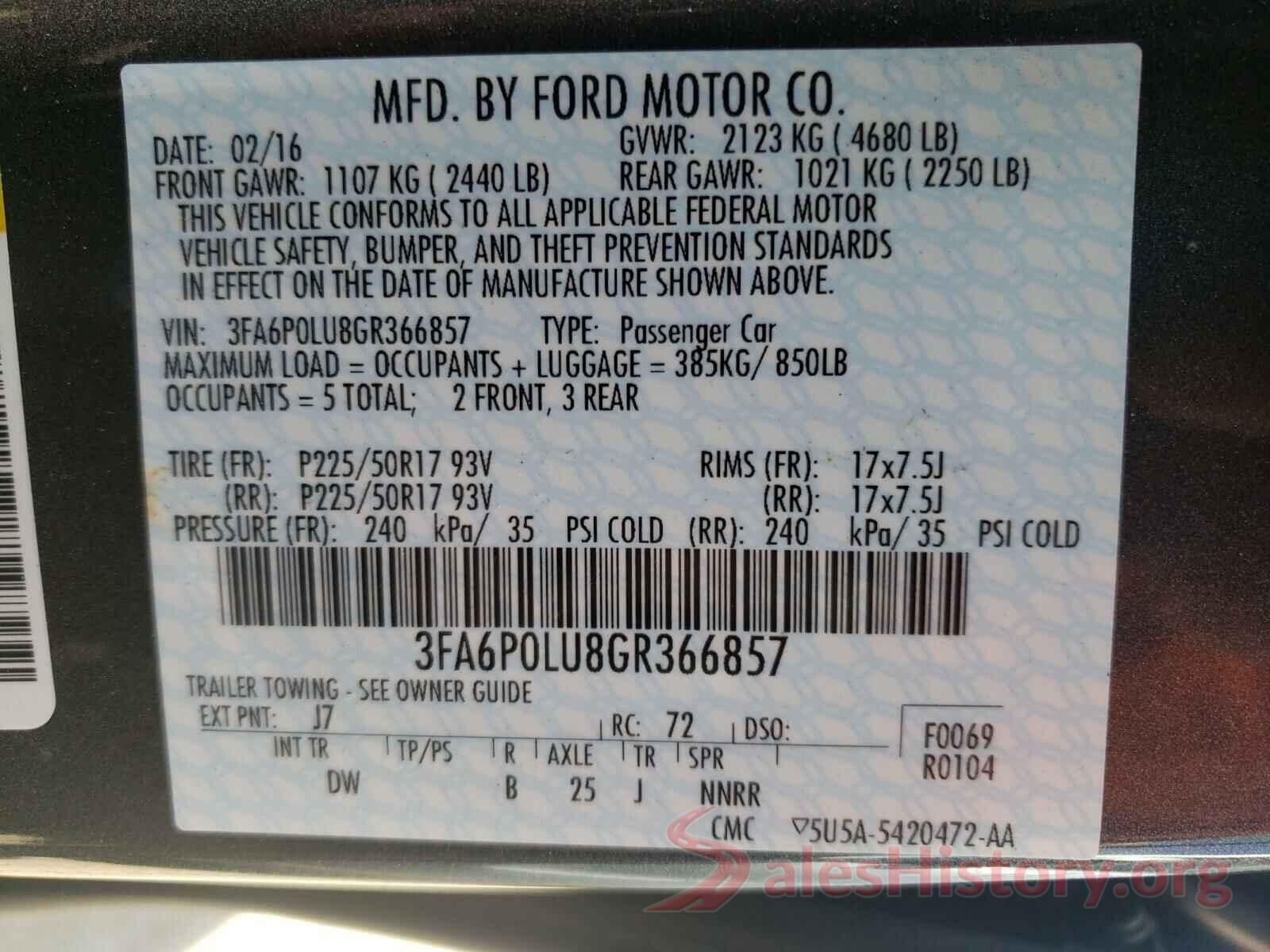 3FA6P0LU8GR366857 2016 FORD FUSION