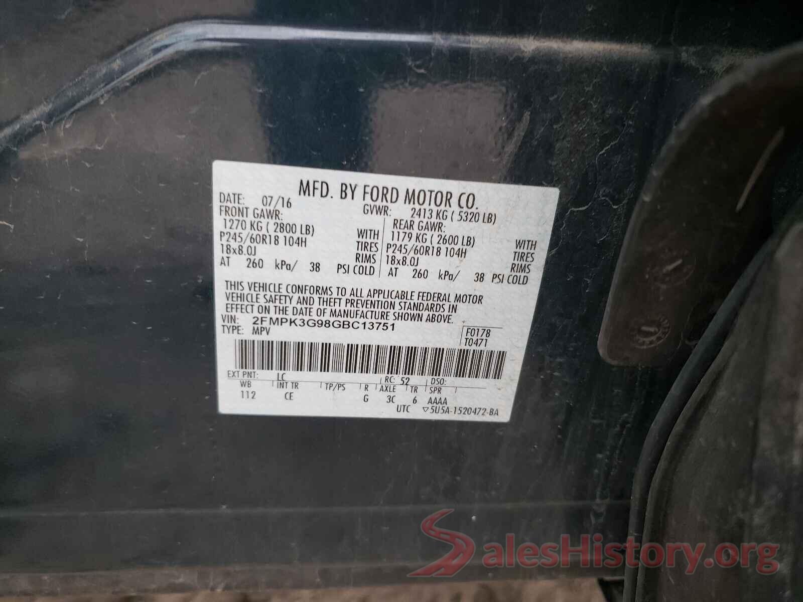 2FMPK3G98GBC13751 2016 FORD EDGE