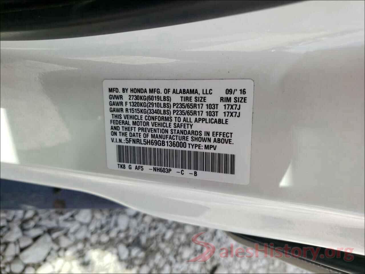 5FNRL5H69GB136000 2016 HONDA ODYSSEY