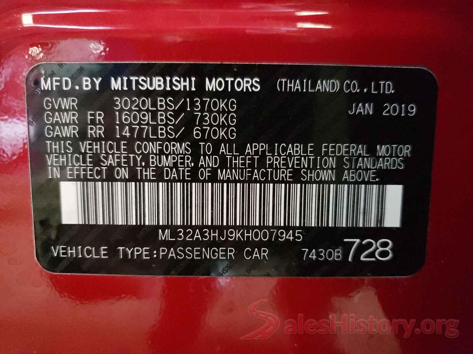 ML32A3HJ9KH007945 2019 MITSUBISHI MIRAGE