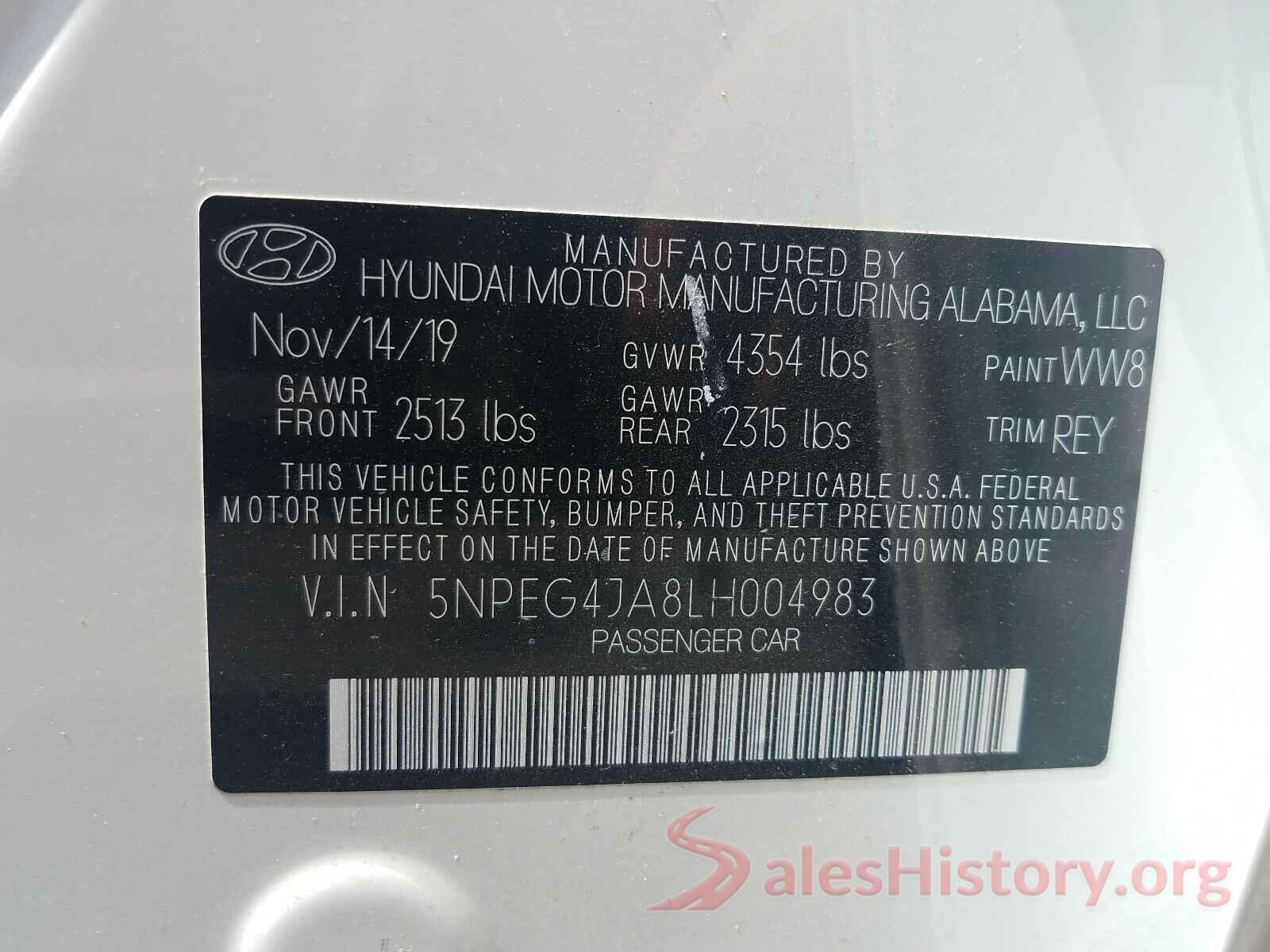 5NPEG4JA8LH004983 2020 HYUNDAI SONATA