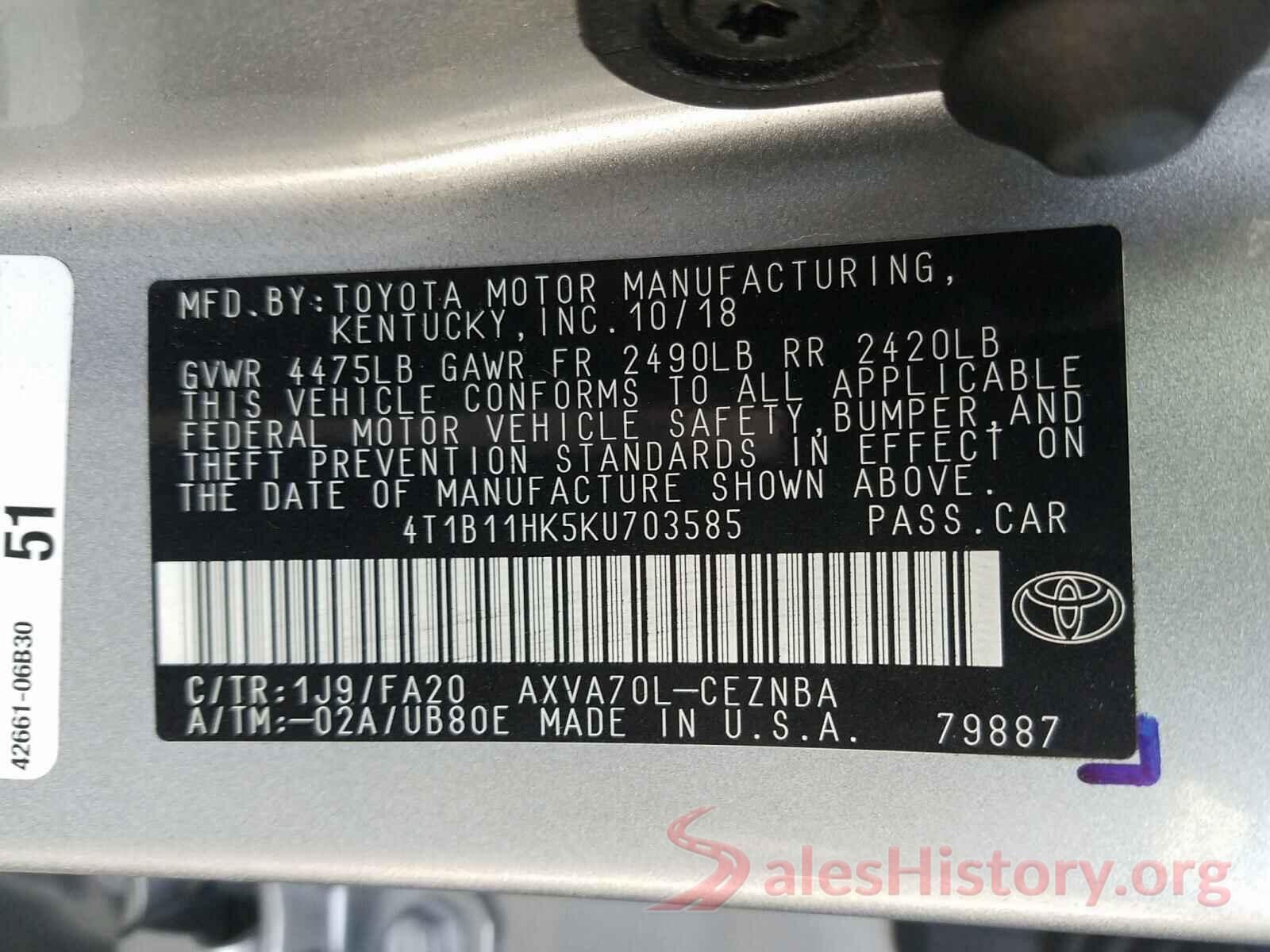 4T1B11HK5KU703585 2019 TOYOTA CAMRY