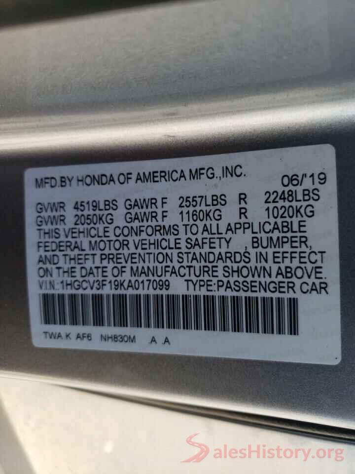 1HGCV3F19KA017099 2019 HONDA ACCORD