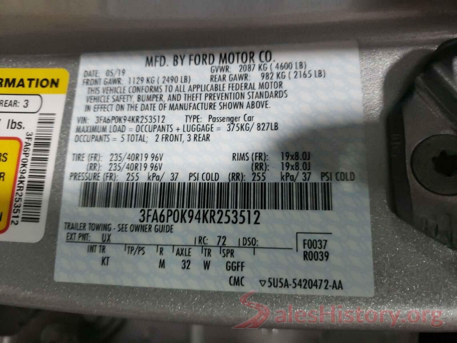 3FA6P0K94KR253512 2019 FORD FUSION