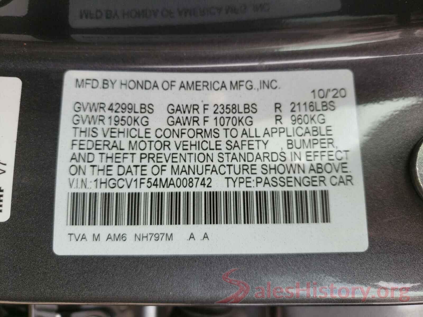 1HGCV1F54MA008742 2021 HONDA ACCORD