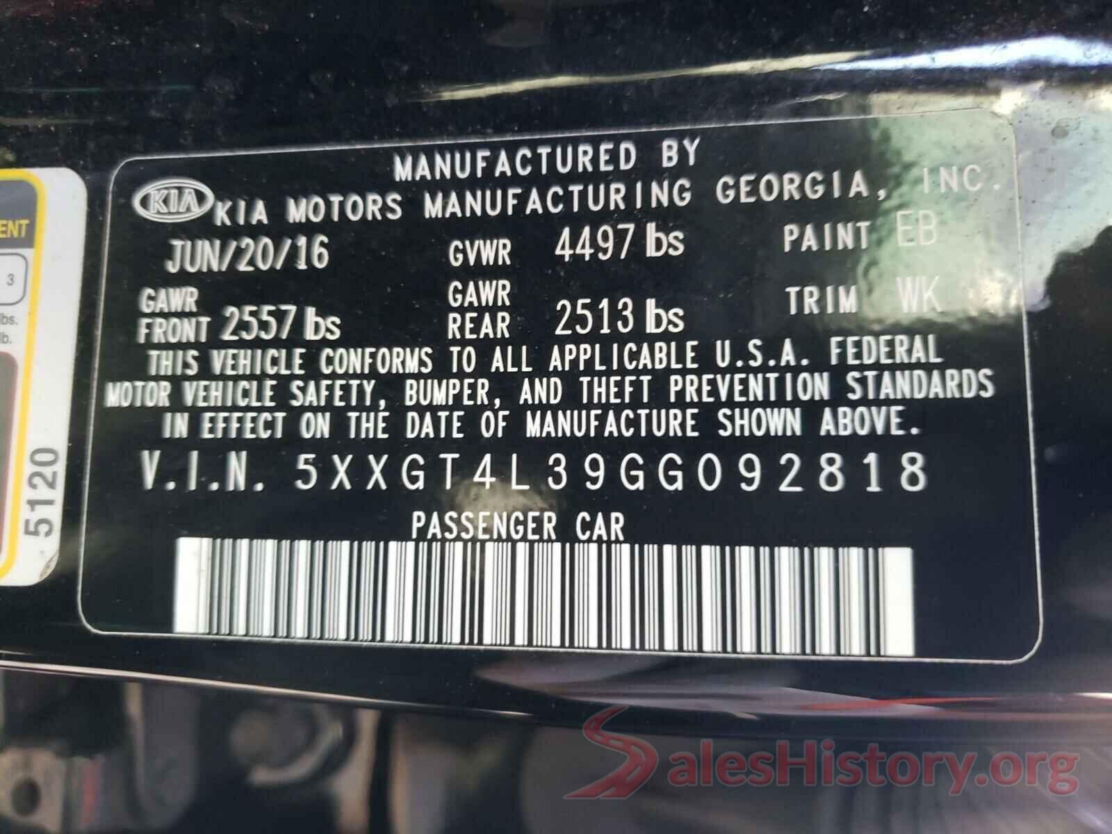 5XXGT4L39GG092818 2016 KIA OPTIMA