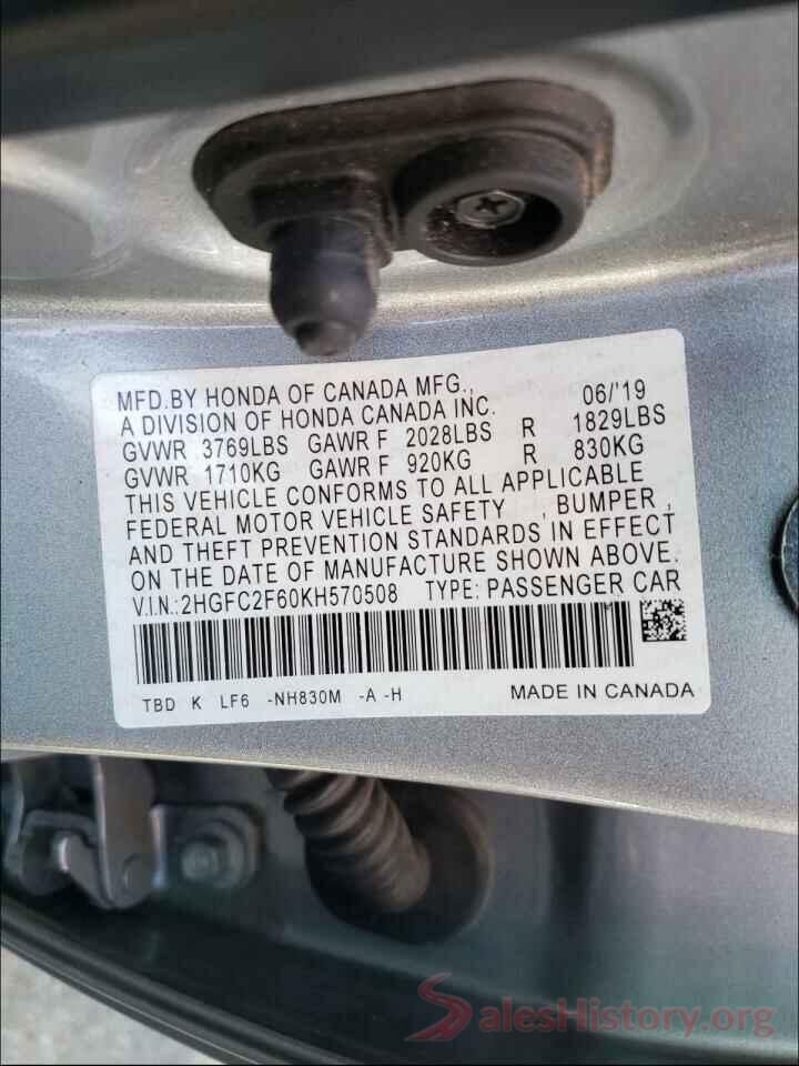 2HGFC2F60KH570508 2019 HONDA CIVIC