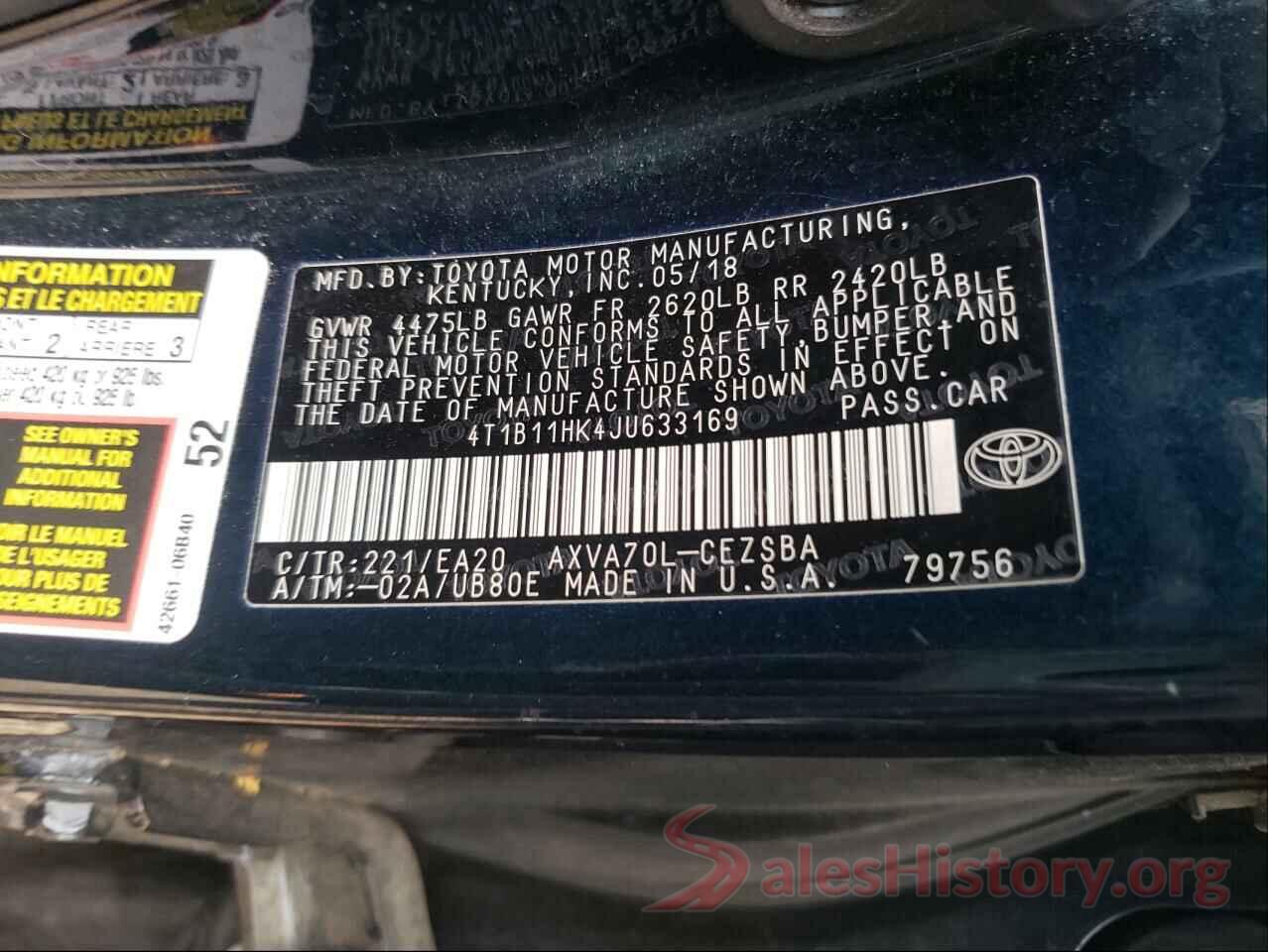 4T1B11HK4JU633169 2018 TOYOTA CAMRY