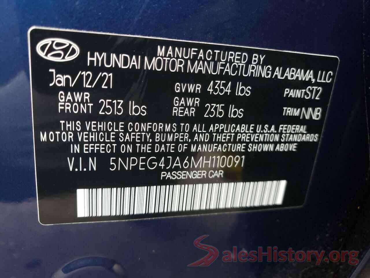 5NPEG4JA6MH110091 2021 HYUNDAI SONATA