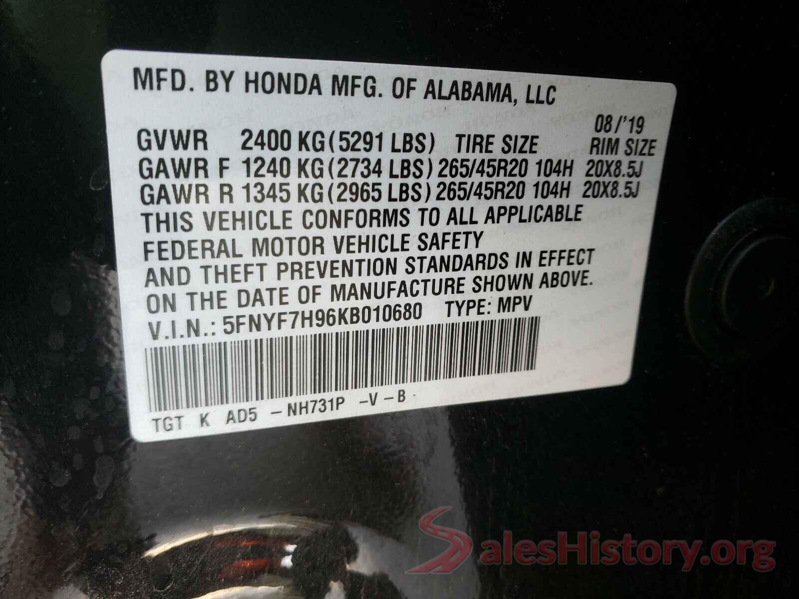 5FNYF7H96KB010680 2019 HONDA PASSPORT