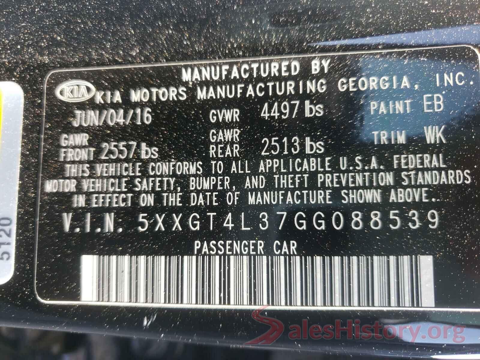 5XXGT4L37GG088539 2016 KIA OPTIMA