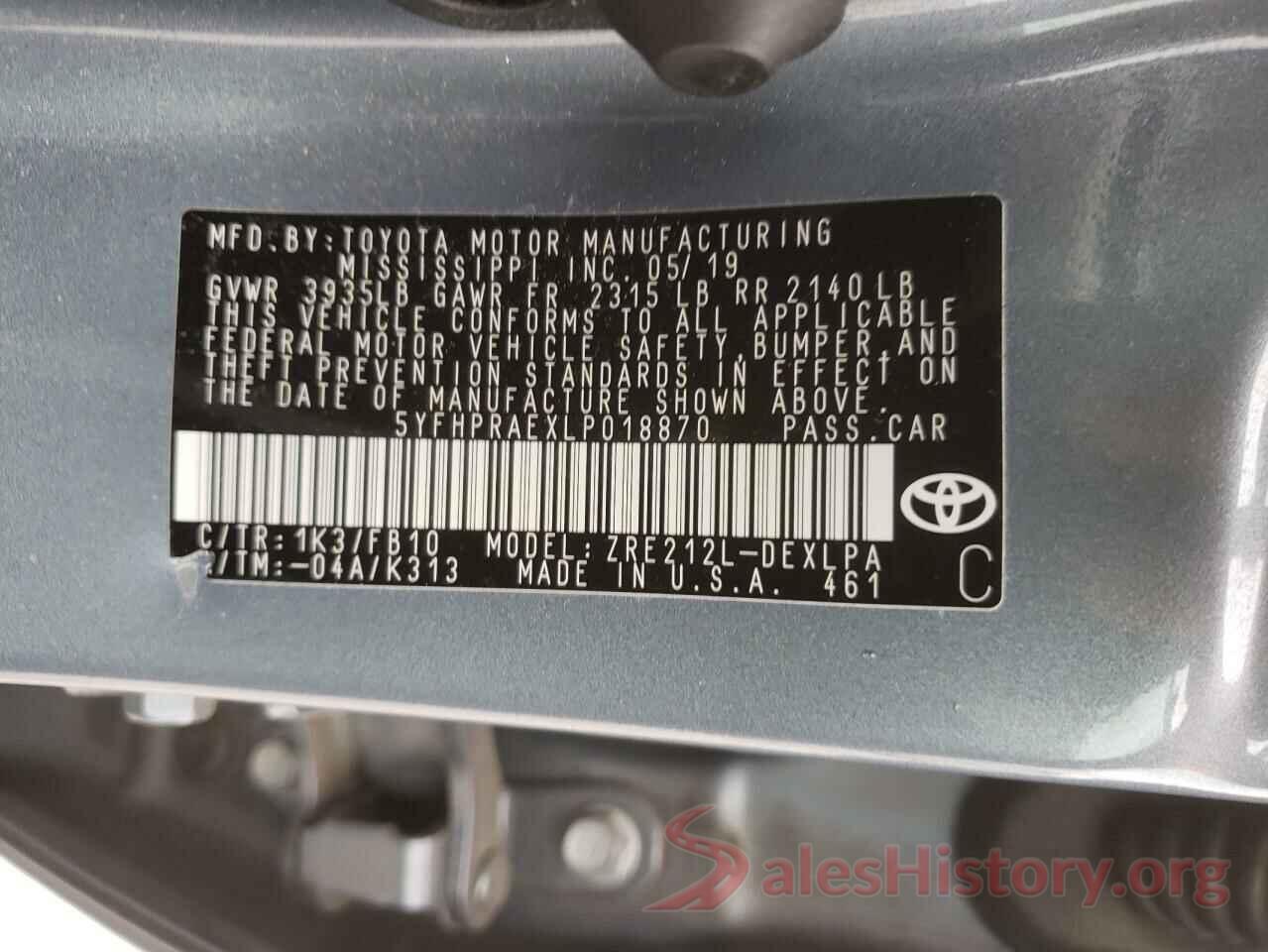 5YFHPRAEXLP018870 2020 TOYOTA COROLLA