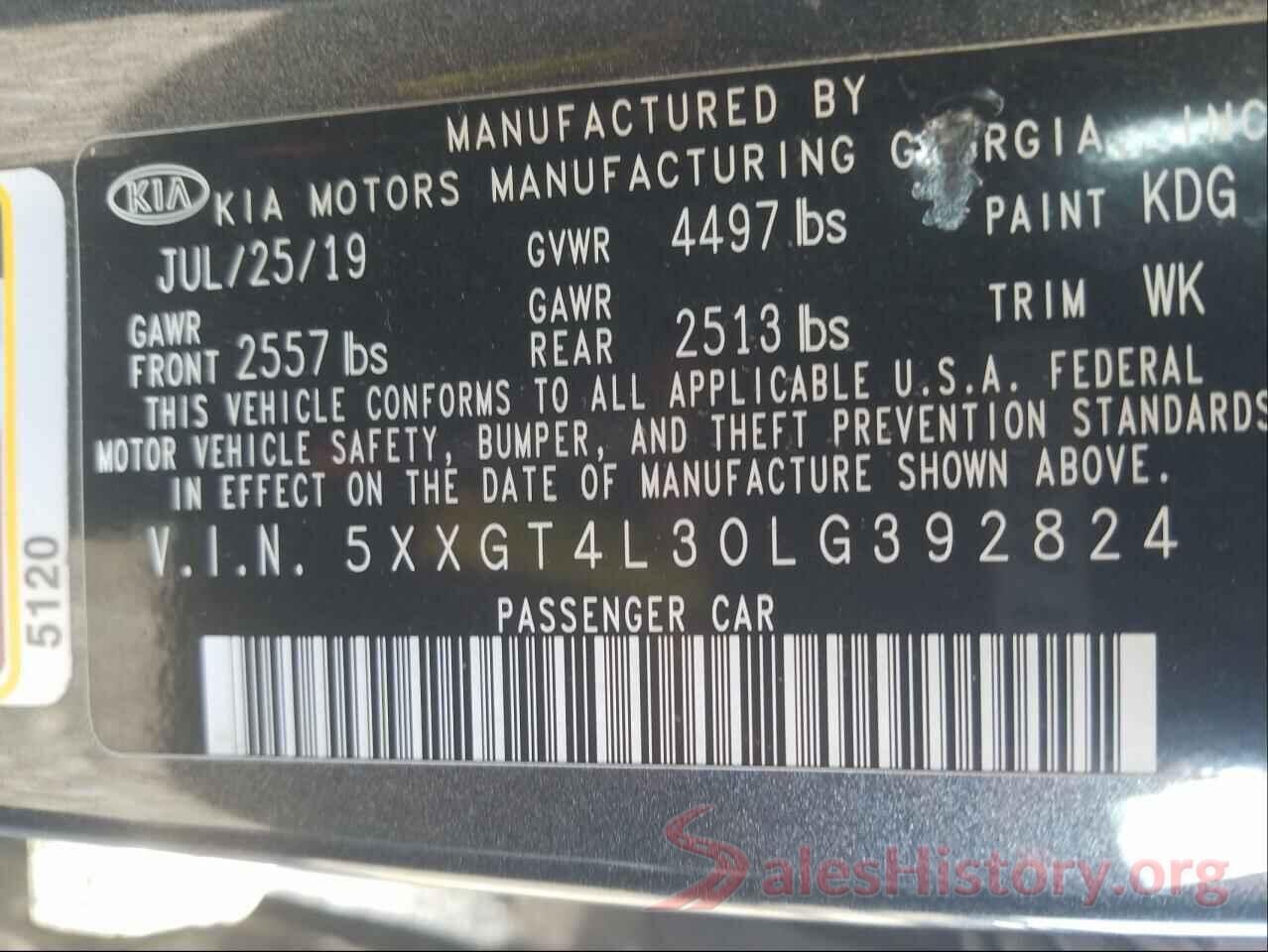 5XXGT4L30LG392824 2020 KIA OPTIMA