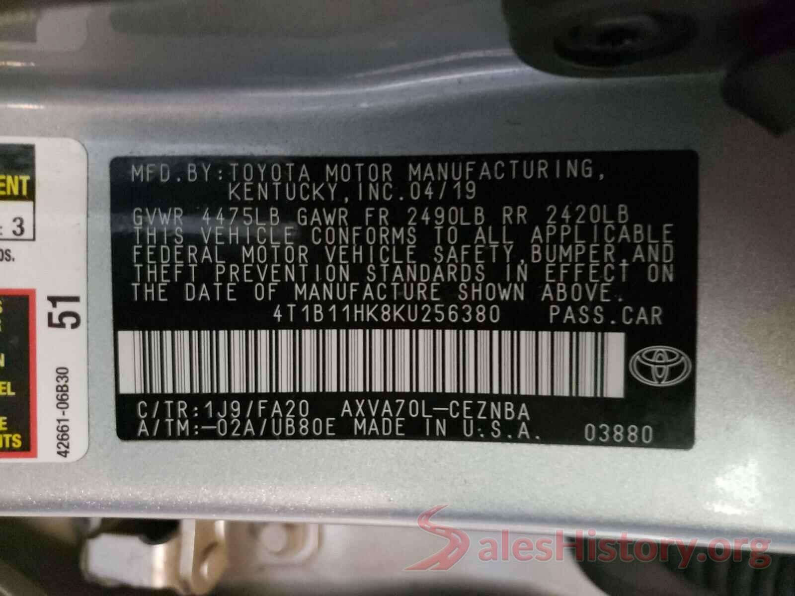 4T1B11HK8KU256380 2019 TOYOTA CAMRY