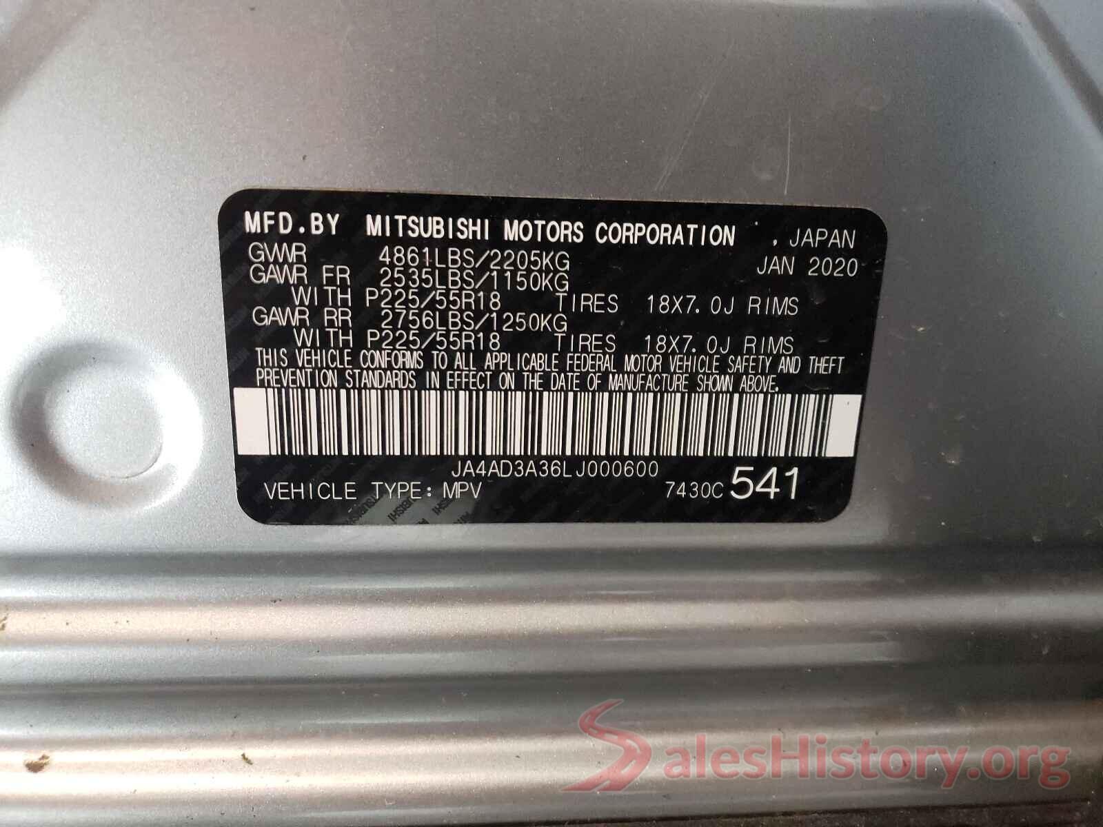 JA4AD3A36LJ000600 2020 MITSUBISHI OUTLANDER