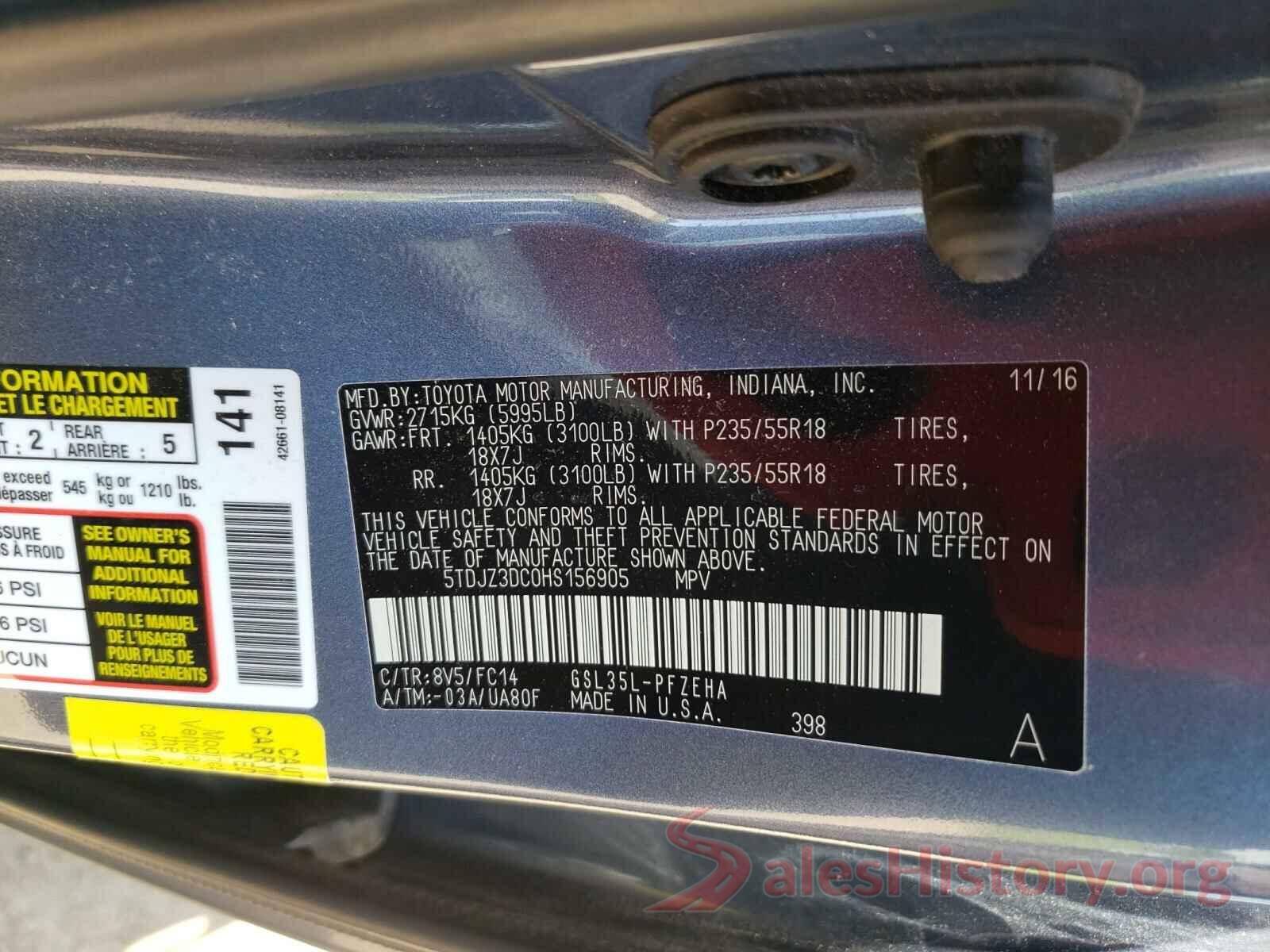 5TDJZ3DC0HS156905 2017 TOYOTA SIENNA