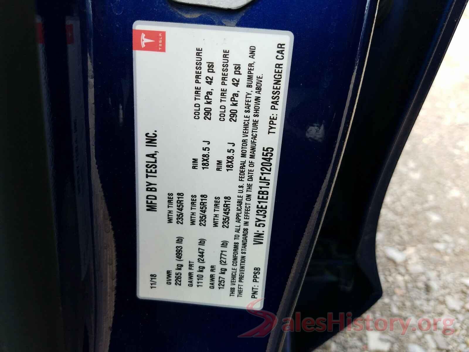 5YJ3E1EB1JF120455 2018 TESLA MODEL 3