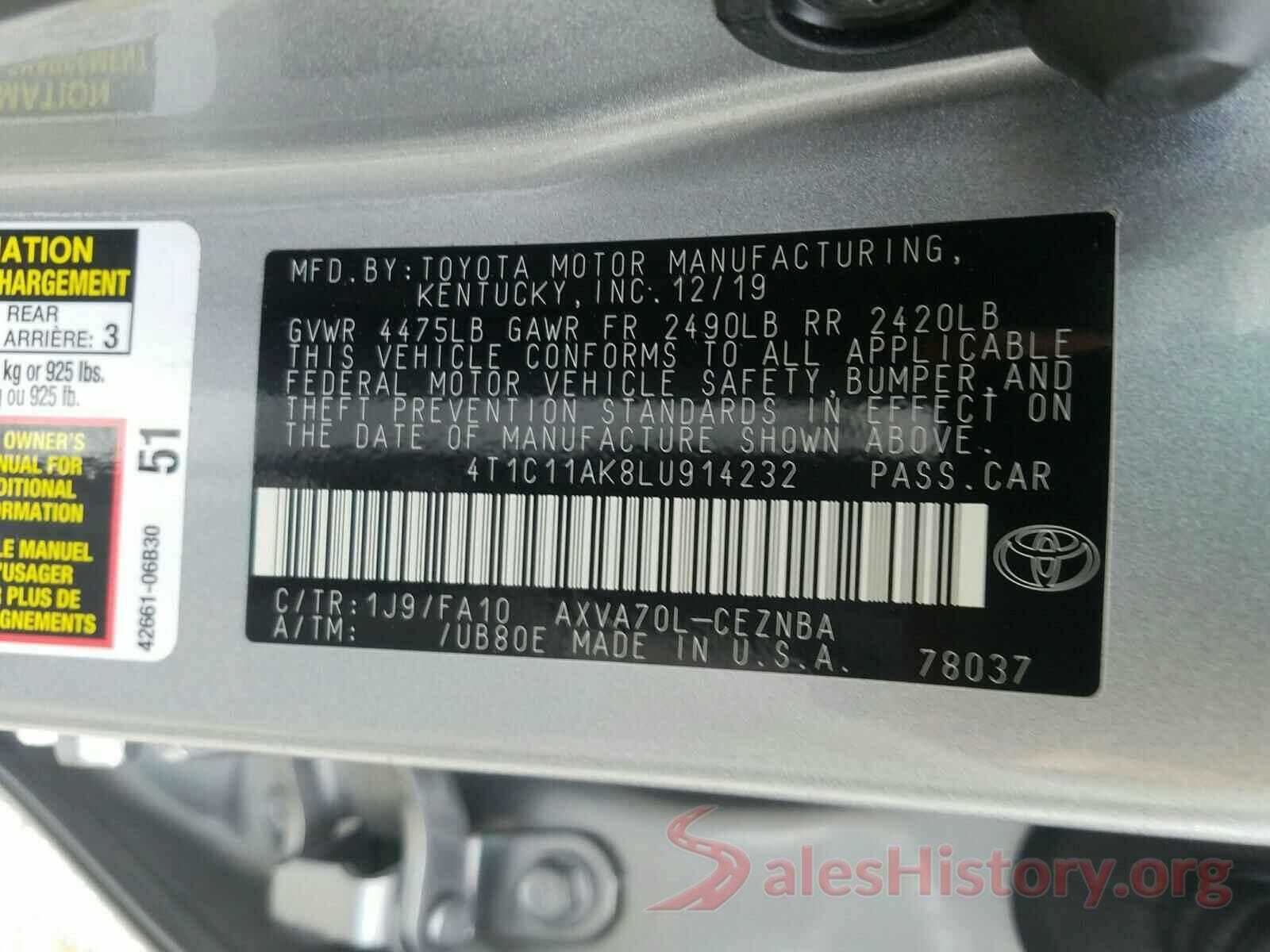 4T1C11AK8LU914232 2020 TOYOTA CAMRY