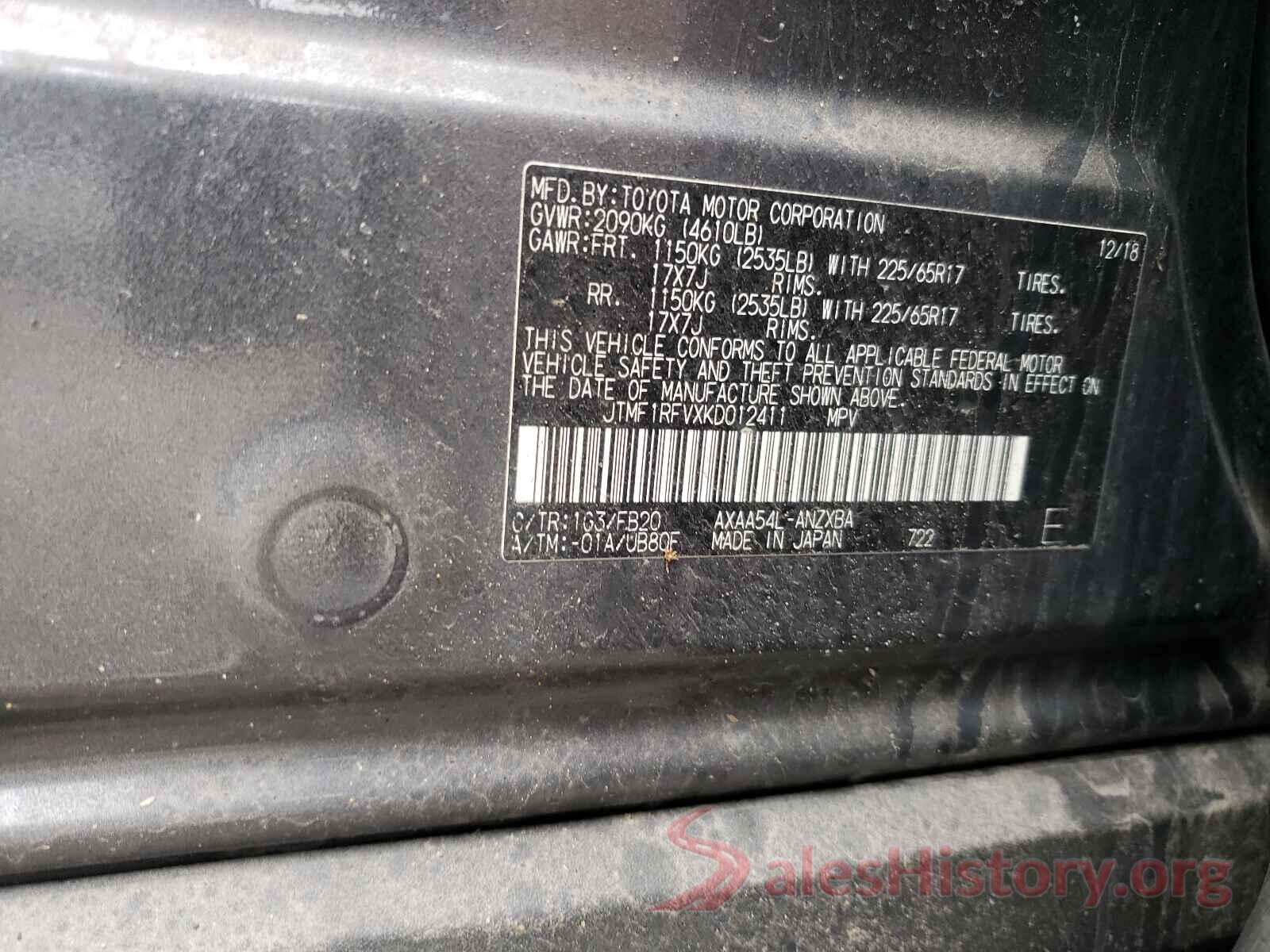 JTMF1RFVXKD012411 2019 TOYOTA RAV4