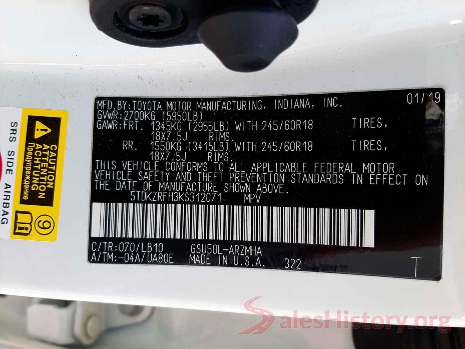 5TDKZRFH3KS312071 2019 TOYOTA HIGHLANDER