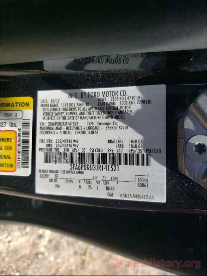 3FA6P0RU3JR141521 2018 FORD FUSION