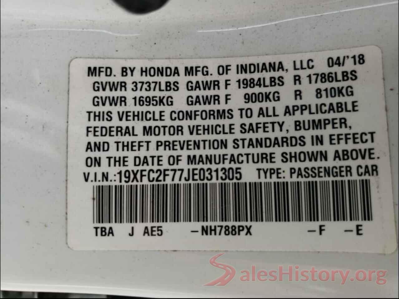 19XFC2F77JE031305 2018 HONDA CIVIC