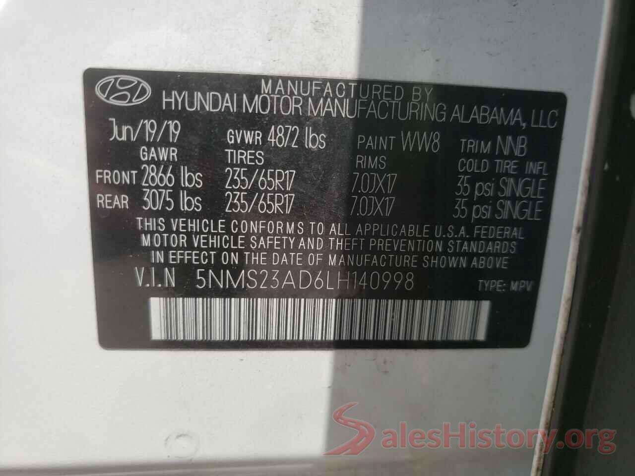 5NMS23AD6LH140998 2020 HYUNDAI SANTA FE