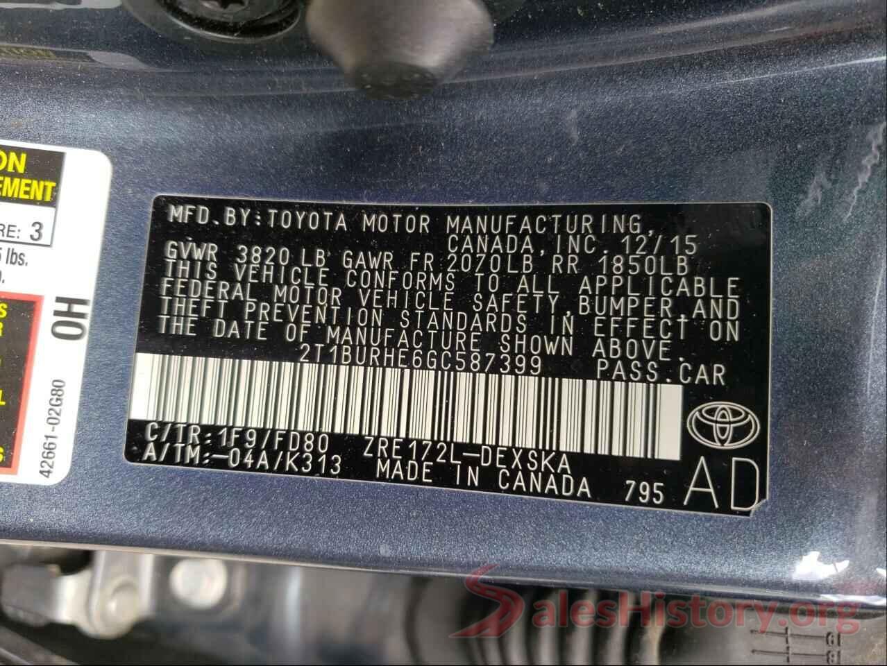 2T1BURHE6GC587399 2016 TOYOTA COROLLA