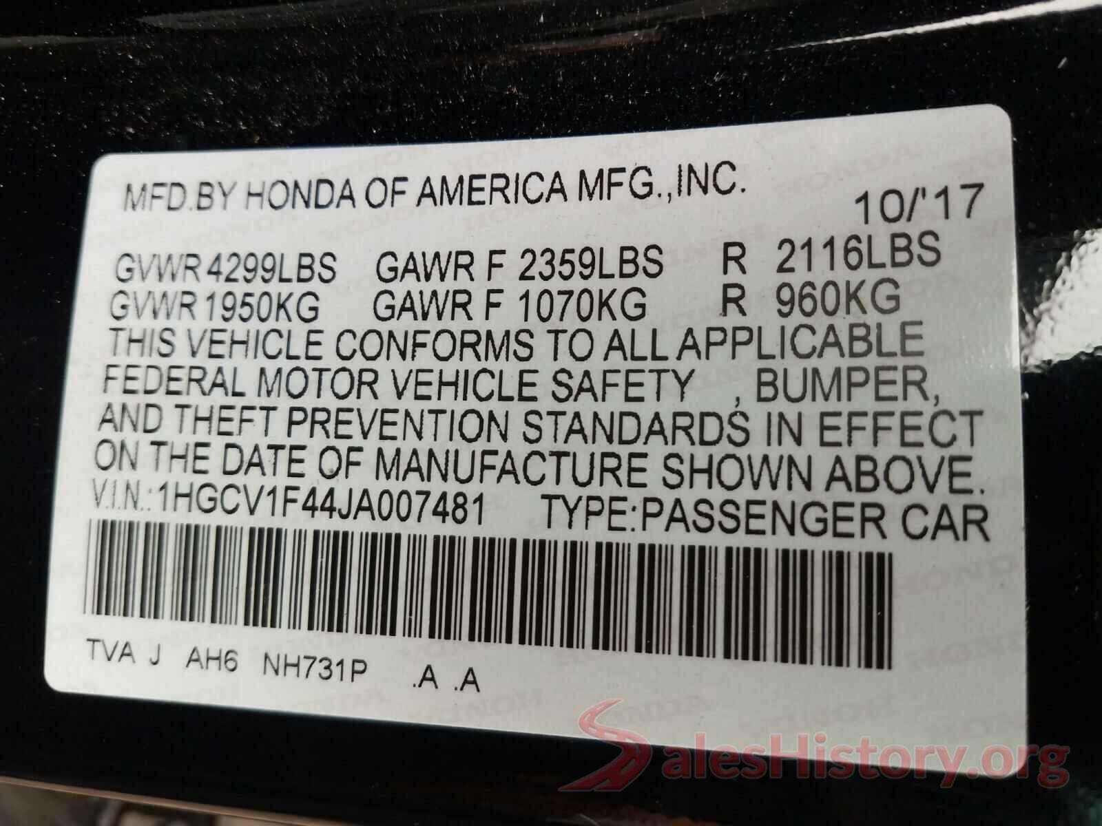 1HGCV1F44JA007481 2018 HONDA ACCORD