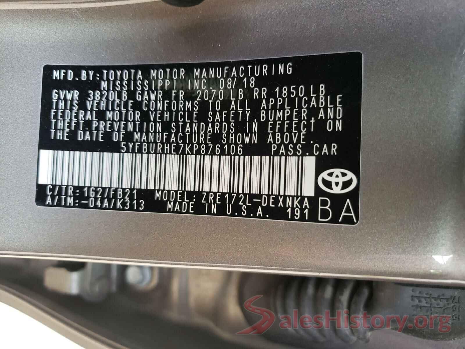 5YFBURHE7KP876106 2019 TOYOTA COROLLA