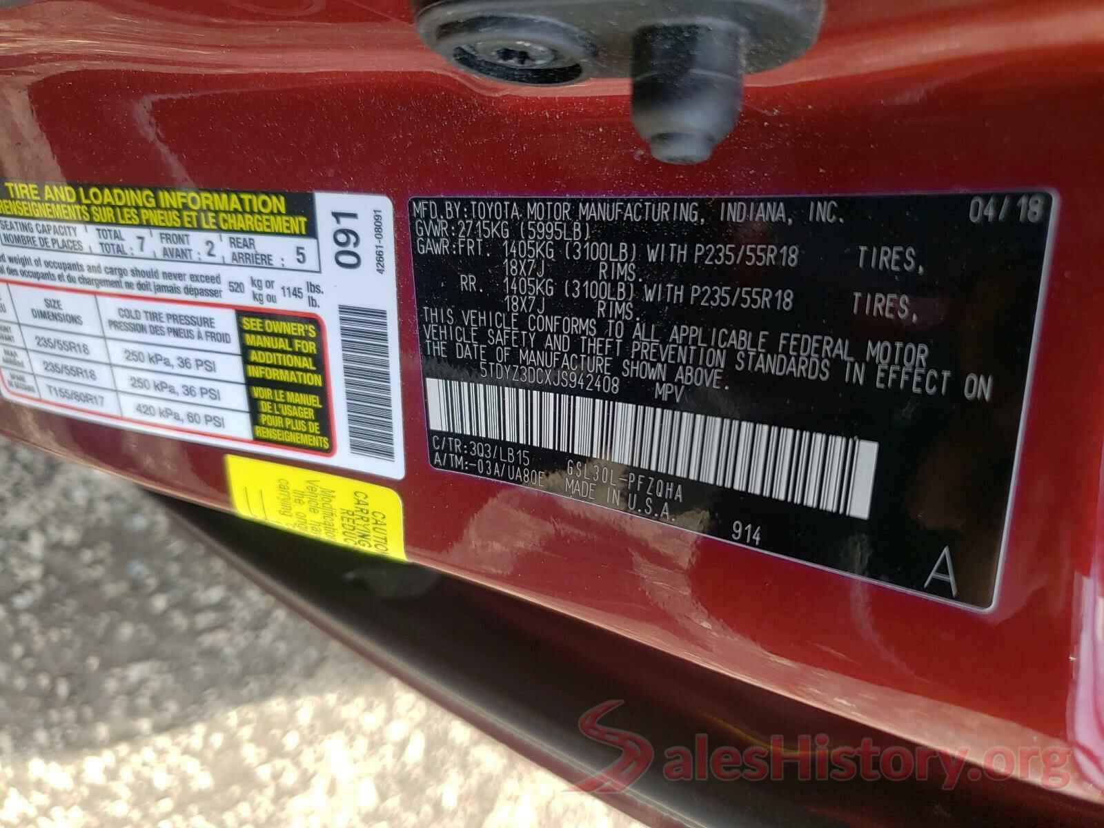 5TDYZ3DCXJS942408 2018 TOYOTA SIENNA