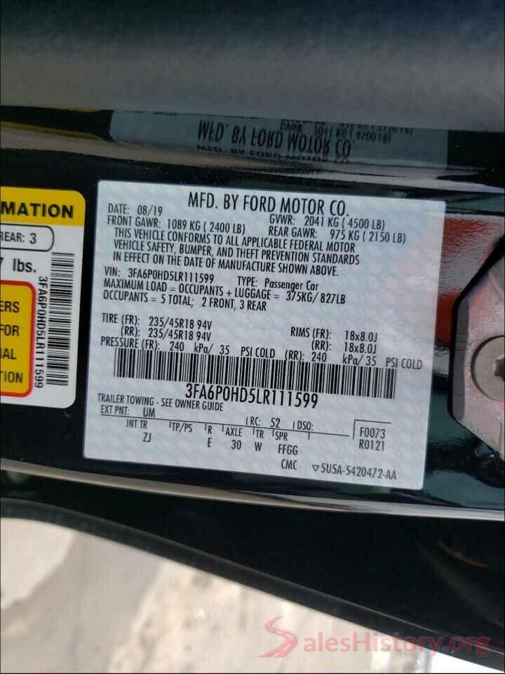 3FA6P0HD5LR111599 2020 FORD FUSION