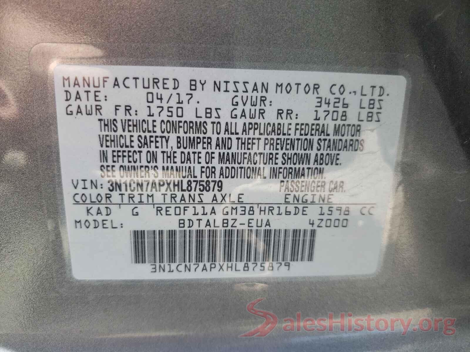 3N1CN7APXHL875879 2017 NISSAN VERSA