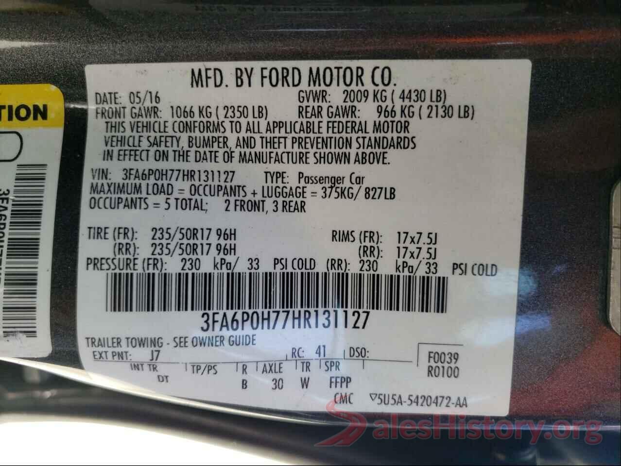 3FA6P0H77HR131127 2017 FORD FUSION