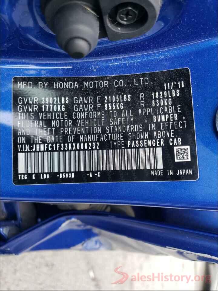 JHMFC1F33KX006232 2019 HONDA CIVIC