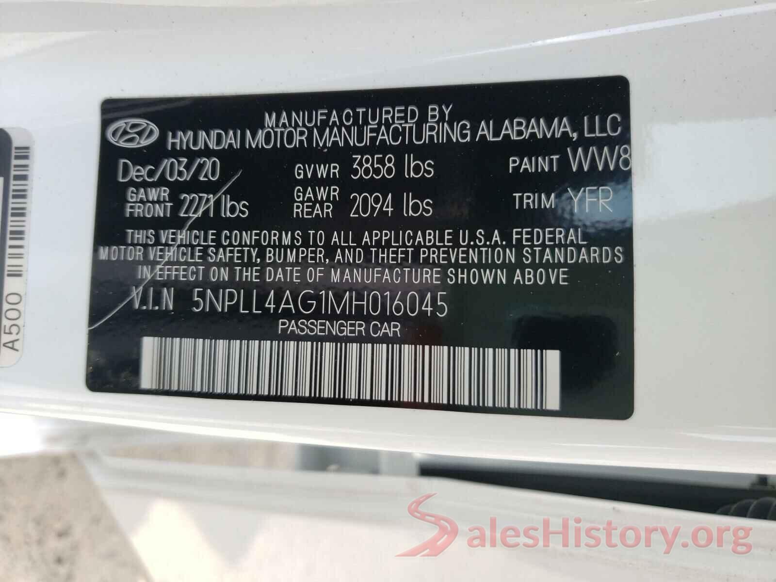 5NPLL4AG1MH016045 2021 HYUNDAI ELANTRA