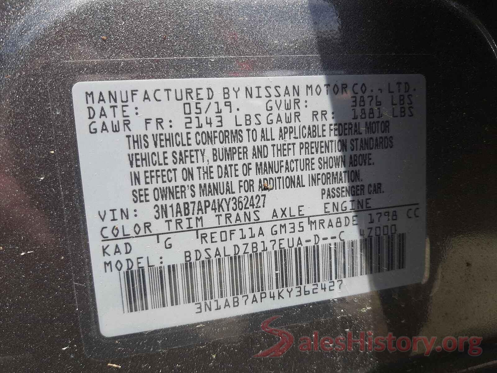 3N1AB7AP4KY362427 2019 NISSAN SENTRA